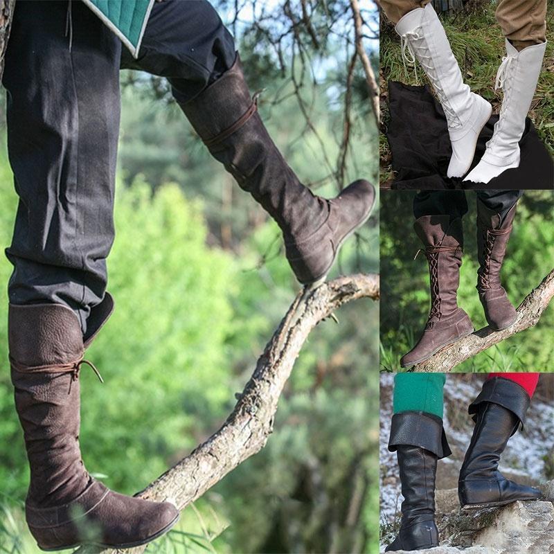 Medieval Fantasy Boots Mens Renaissance Footwear Vintage Retro Brown Leather Lace Up Knee High Boots