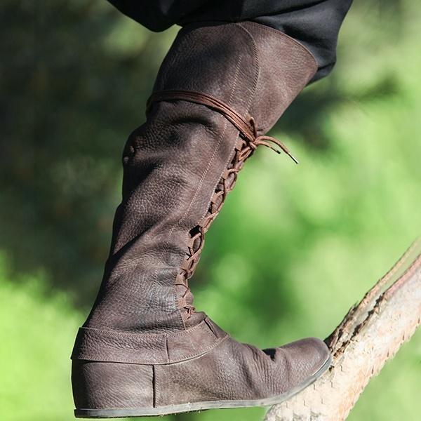 Medieval Fantasy Boots Mens Renaissance Footwear Vintage Retro Brown Leather Lace Up Knee High Boots