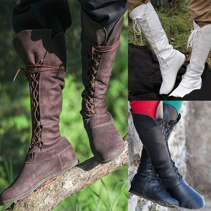 Medieval Fantasy Boots Mens Renaissance Footwear Vintage Retro Brown Leather Lace Up Knee High Boots