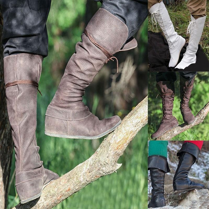 Medieval Fantasy Boots Mens Renaissance Footwear Vintage Retro Brown Leather Lace Up Knee High Boots