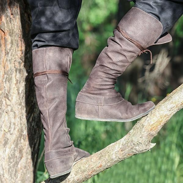 Medieval Fantasy Boots Mens Renaissance Footwear Vintage Retro Brown Leather Lace Up Knee High Boots