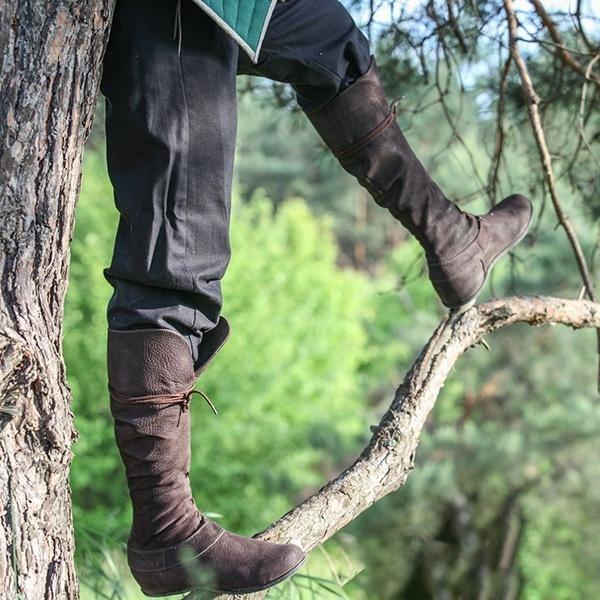 Medieval Fantasy Boots Mens Renaissance Footwear Vintage Retro Brown Leather Lace Up Knee High Boots