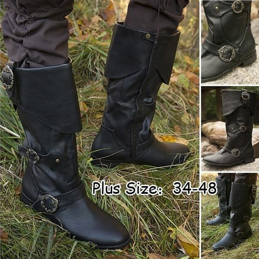 Men's Cuffed Pirate Waterproof Tall Leather Boots Low Heel Flat Gladiator Larp Stage Reenactment Shoes Cosplay Boots