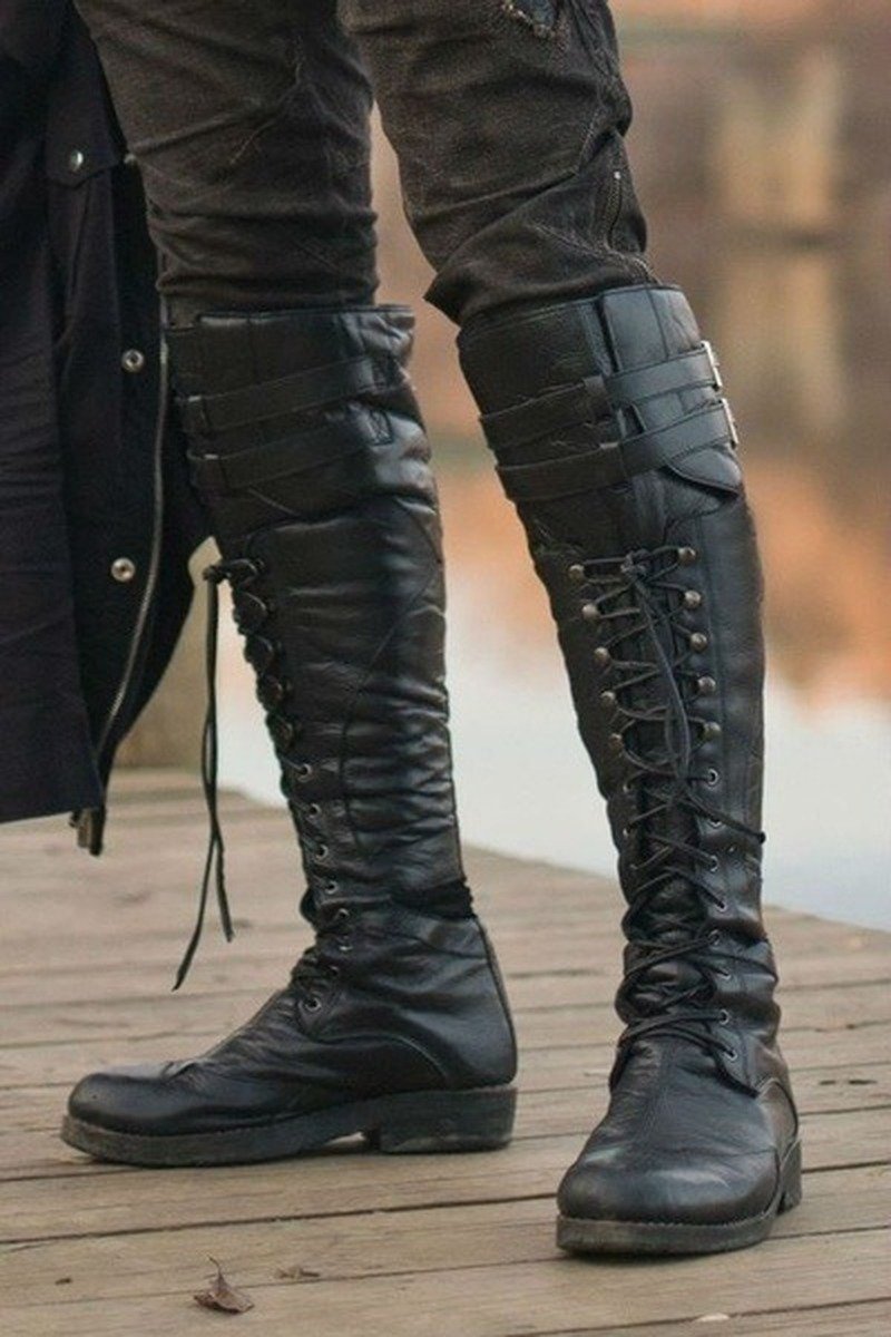 Medieval Knee High Boots Cross Strap Lace Up Shoes Flat Cool Moto Boots Fall Winter Tall Renaissance Boots