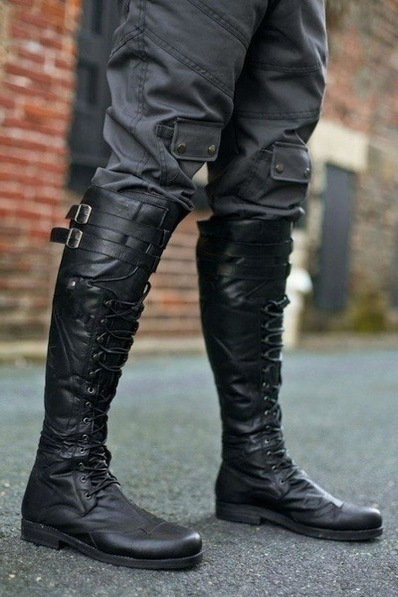 Medieval Knee High Boots Cross Strap Lace Up Shoes Flat Cool Moto Boots Fall Winter Tall Renaissance Boots