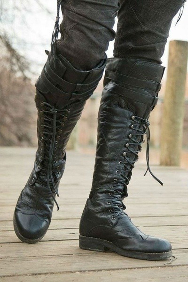 Flat lace up online knee high boots