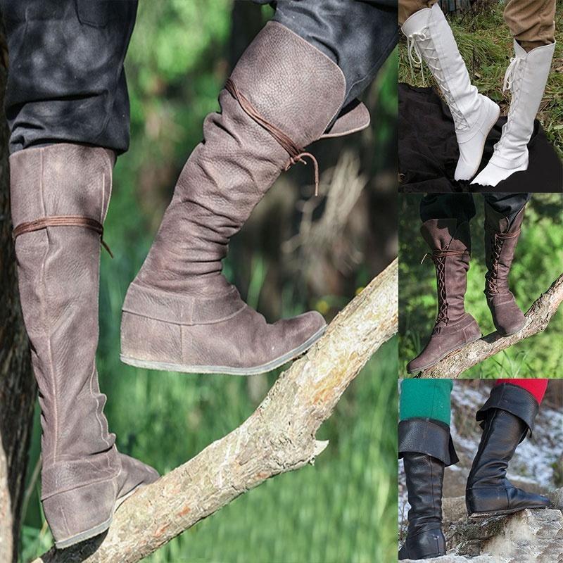 Medieval Fantasy Boots Mens  Renaissance Footwear Vintage Retro Brown Leather Lace Up Knee High Boots