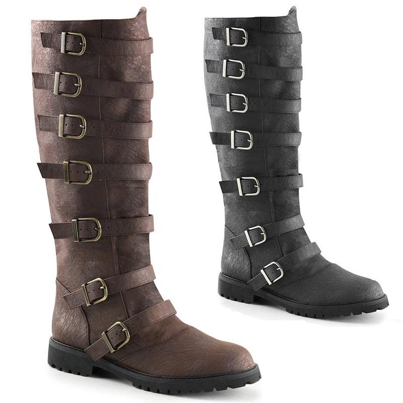 Men's Pull-On Multi-Buckled Strap Knee High Boots Medieval Knight Pirate Warrior Boots Renaissance Cosplay Stage Boots