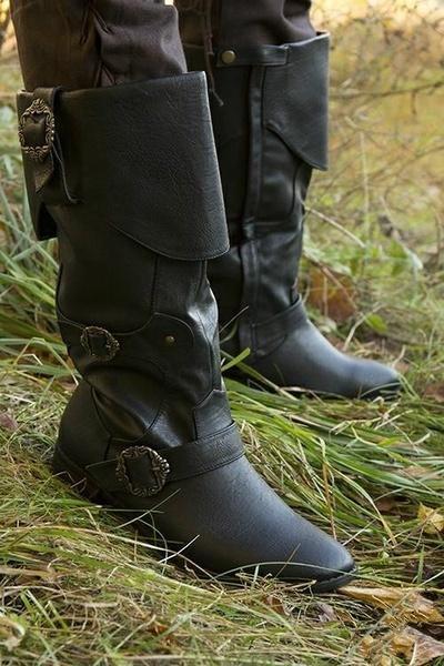 Men's Cuffed Pirate Waterproof Tall Leather Boots Low Heel Flat Gladiator Larp Stage Reenactment Shoes Cosplay Boots