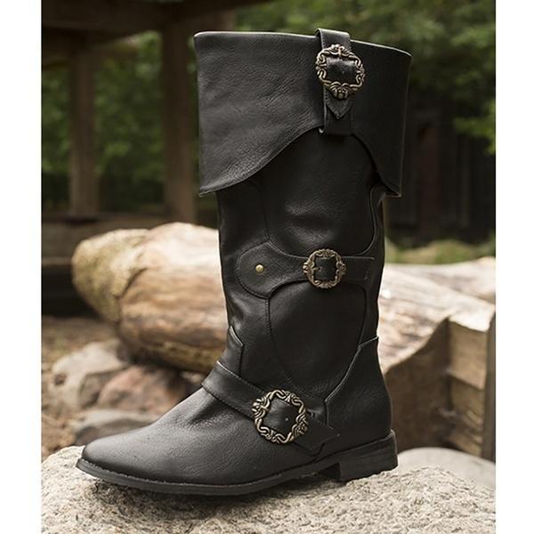 Men's Cuffed Pirate Waterproof Tall Leather Boots Low Heel Flat Gladiator Larp Stage Reenactment Shoes Cosplay Boots