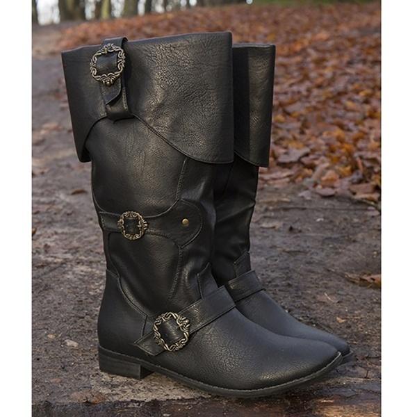 Men's Cuffed Pirate Waterproof Tall Leather Boots Low Heel Flat Gladiator Larp Stage Reenactment Shoes Cosplay Boots
