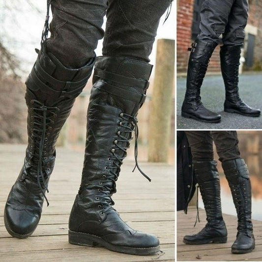 Men's Medieval Knee High Boots Cross Strap Lace Up Shoes Flat Cool Moto Boots Fall Winter Tall Renaissance Boots